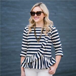 J. Crew  Blue White Asymmetrical Ruffle Striped Peplum Top Navy Nautical size L